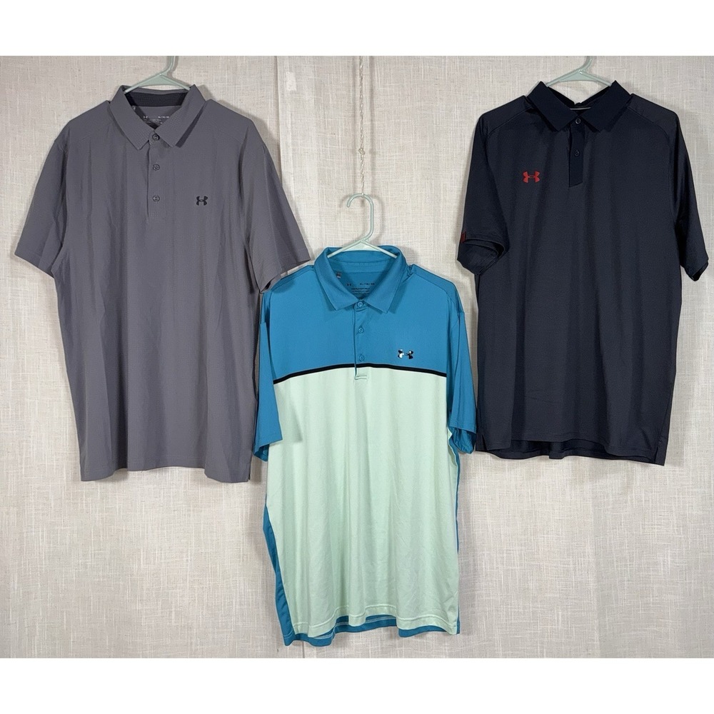 Under Armour UA Men's XL Polo Collared Short Sleeve Shirts Lot of 3 Gray Blue